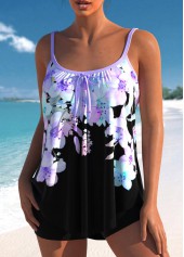 Light Purple swimwear,Floral swimwear,ROTITA Floral Print Bowknot Light Purple Tankini Top