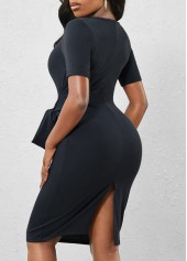 Dark Grey dresses,Plain Color dresses,Tie Front Round Neck Dark Grey Dress