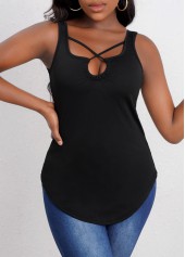 Black tops,Plain Color tops,Cross Strap Black Cutout Tank Top