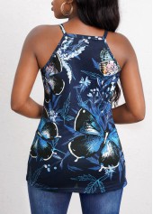 Blue tops,Floral tops,Blue Butterfly Print Ladder Cutout Camisole Top