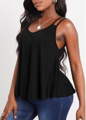 Black tops,Plain Color tops,Double Straps Black Curved Hem Camisole Top