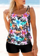 Multi Color Double Straps Floral Print Tankini Set
