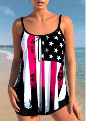 Black American Flag Print Spaghetti Strap Tankini Set