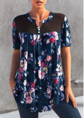 ROTITA Split Neck Floral Print Navy Blue T Shirt