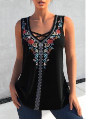 ROTITA Floral Print Black Cross Strap Tank Top