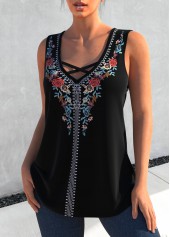 Black tops,Tribal tops,ROTITA Floral Print Black Cross Strap Tank Top