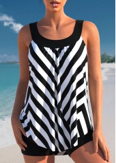 Black Contrast Stripe Print Tankini Set