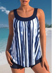 ROTITA Stripe Print Wide Strap Navy Blue Tankini Set