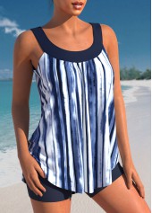 Navy swimwear,Tie Dye swimwear,ROTITA Stripe Print Wide Strap Navy Blue Tankini Set