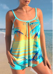 Cyan swimwear,Graphic swimwear,ROTITA Tropical Print Bowknot Cyan Tankini Set