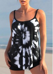 Black swimwear,Tie Dye swimwear,ROTITA Bowknot Black Contrast Tie Dye Print Tankini Top