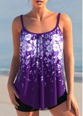 Purple Spaghetti Strap Floral Print Tankini Set