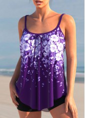 Purple swimwear,Floral swimwear,ROTITA Purple Spaghetti Strap Floral Print Tankini Top