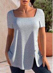 ROTITA Asymmetric Hem Square Collar Light Grey T Shirt