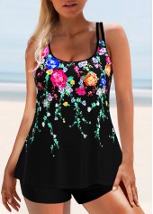 Black swimwear,Floral swimwear,ROTITA Black Floral Print Double Straps Tankini Top