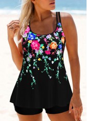 Black Floral Print Double Straps Tankini Set