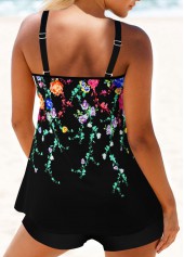 Black swimwear,Floral swimwear,ROTITA Black Floral Print Double Straps Tankini Top