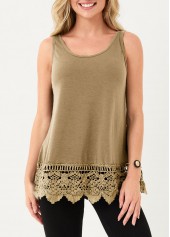 Light Camel tops,Plain Color tops,Lace Stitching Light Khaki Tank Top