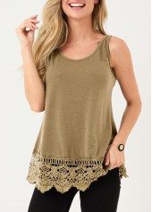 Light Camel tops,Plain Color tops,Lace Stitching Light Khaki Tank Top