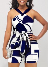 Geometric jumpsuits & rompers,ROTITA Belted Color Block Geometric Print Romper