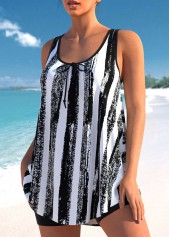 Black swimwear,Striped swimwear,ROTITA Striped Graffiti Print Black Wide Strap Tankini Set