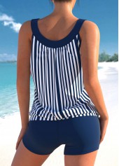 Blue swimwear,Striped swimwear,ROTITA Striped Bowknot Wide Strap Blue Tankini Set