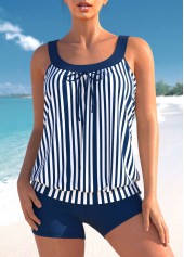 ROTITA Striped Bowknot Wide Strap Blue Tankini Set