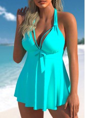 Cyan swimwear,Plain Color swimwear,ROTITA Cyan Cross Strap Bowknot Swimdress Top