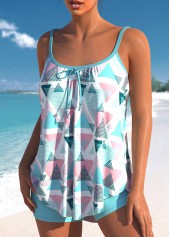Light Blue swimwear,Geometric swimwear,ROTITA Geometric Print Bowknot Light Blue Tankini Set