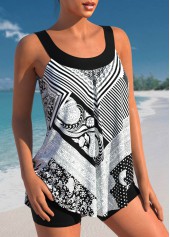 Black swimwear,Geometric swimwear,ROTITA Tribal Print Black Striped Tankini Top
