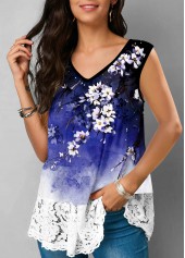 Multi Color tops,Floral tops,ROTITA V Neck Lace Stitching Multi Color Tank Top