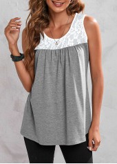 Grey tops,Contrast Color tops,ROTITA Grey Marl Round Neck Lace Stitching Tank Top