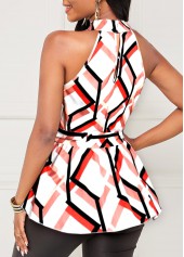 Multi Color tops,Geometric tops,ROTITA Geometric Print Bib Neck Multi Color Belted Tank Top