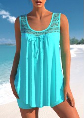 ROTITA Lace Stitching Bowknot Cyan Tankini Set