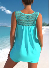 Cyan swimwear,Plain Color swimwear,ROTITA Lace Stitching Bowknot Cyan Tankini Set
