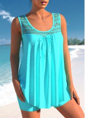 Cyan swimwear,Plain Color swimwear,ROTITA Lace Stitching Bowknot Cyan Tankini Set