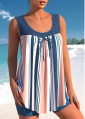 Denim Blue swimwear,Striped swimwear,ROTITA Striped Denim Blue Bowknot Mesh Stitching Tankini Set