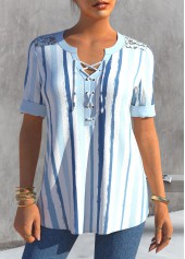 ROTITA Stripe Print Dusty Blue Lace Patchwork Blouse
