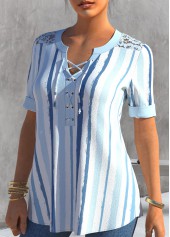 Dusty Blue tops,Striped tops,ROTITA Stripe Print Dusty Blue Lace Patchwork Blouse