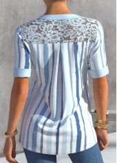 Dusty Blue tops,Striped tops,ROTITA Stripe Print Dusty Blue Lace Patchwork Blouse