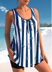 Navy swimwear,Striped swimwear,ROTITA Striped Bowknot Navy Blue Tankini Top