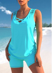 Cyan swimwear,Plain Color swimwear,ROTITA Lace Patchwork Cross Strap Cyan Tankini Set