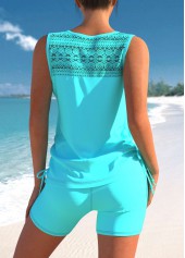 Cyan swimwear,Plain Color swimwear,ROTITA Lace Patchwork Cross Strap Cyan Tankini Set