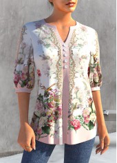 Light Pink tops,Floral tops,ROTITA Split Neck Floral Print Light Pink Blouse