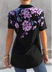 Black tops,Floral tops,ROTITA Floral Print Button Up Black Blouse
