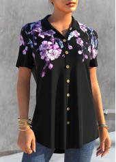Black tops,Floral tops,ROTITA Floral Print Button Up Black Blouse