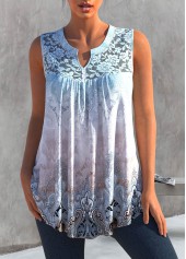 ROTITA Tribal Print Lace Stitching Split Neck Tank Top