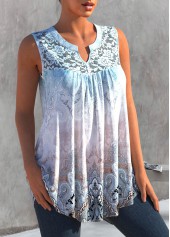 Multi Color tops,Tribal tops,ROTITA Tribal Print Lace Stitching Split Neck Tank Top