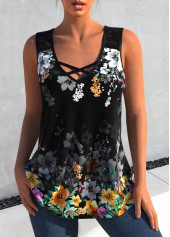 ROTITA Lace Stitching Black Floral Print Tank Top