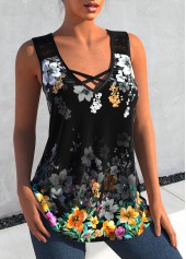 Black tops,Floral tops,ROTITA Lace Stitching Black Floral Print Tank Top